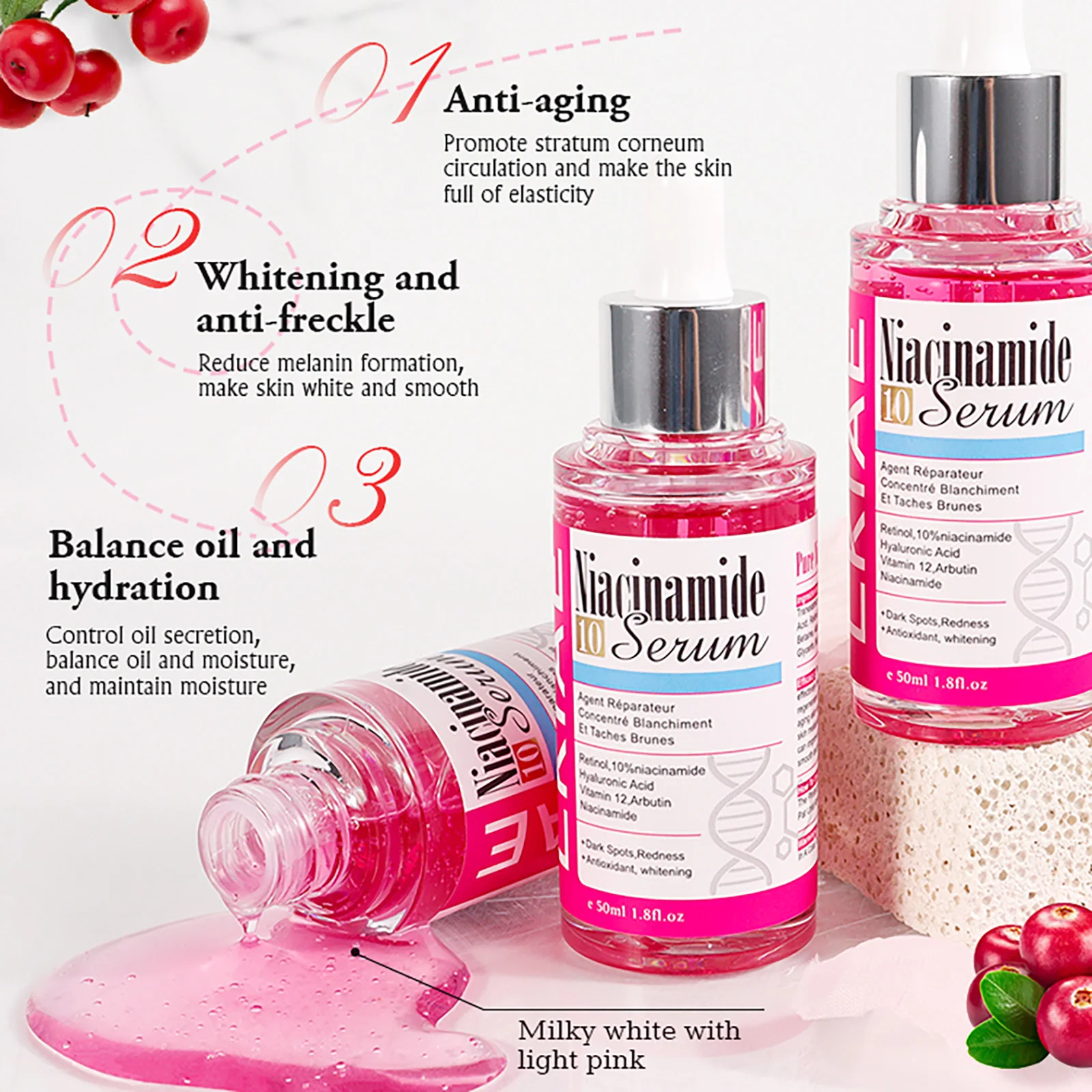 LKIAE Nicotinamide Whitening Essence, Anti-Wrinkles, Freckles, With Hyaluronic Acid, Moisturizing Serum For Face And Body