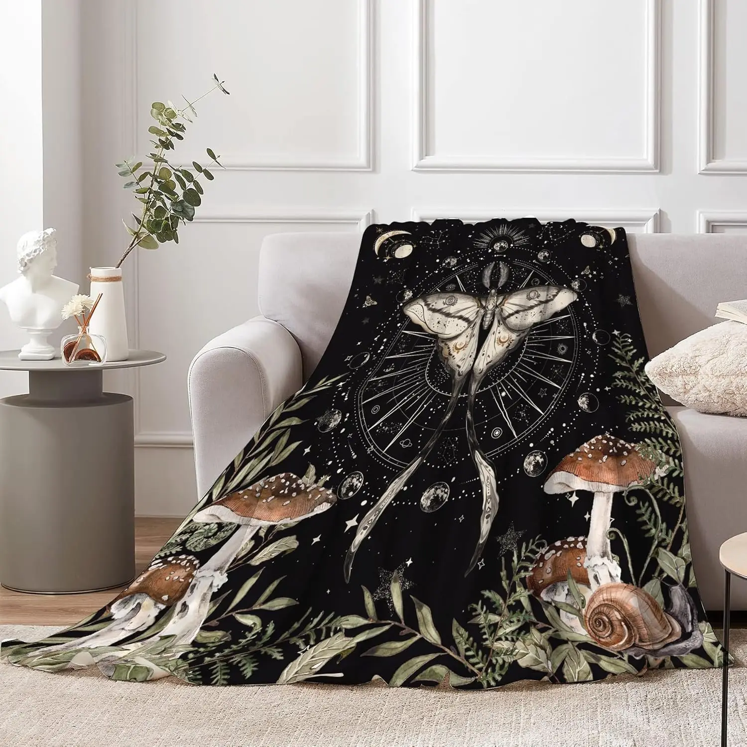 Moth Mushroom Gothic Flannel Blanket Mysterious Moon Phase Gothic Night Soft Blanket Sofa Office Throw Birthday Gift