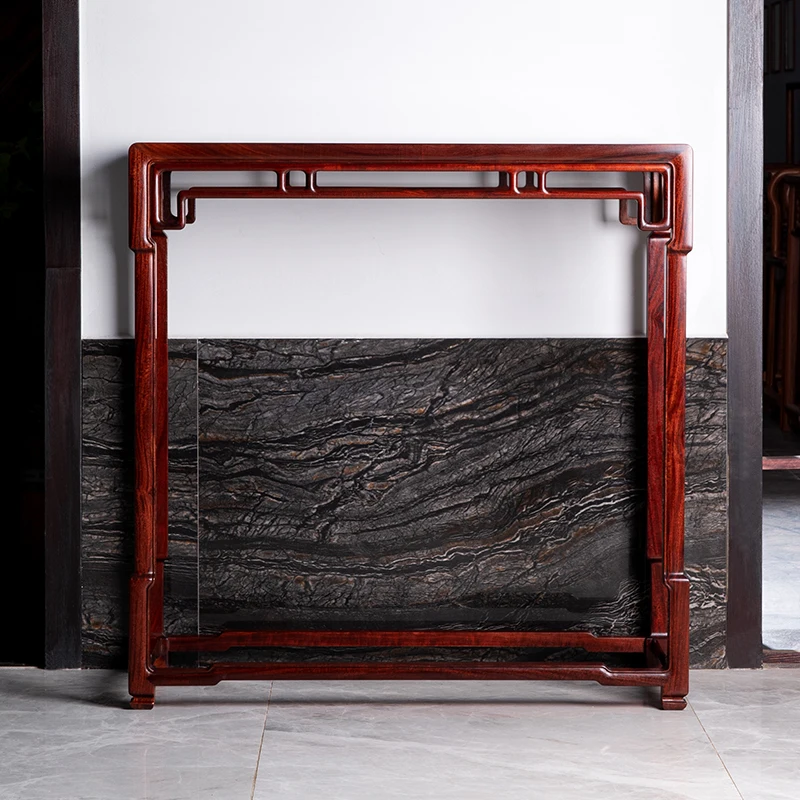 Red sandalwood natural marble small strip case, Ming-style furniture flat head case, mahogany long flower stand