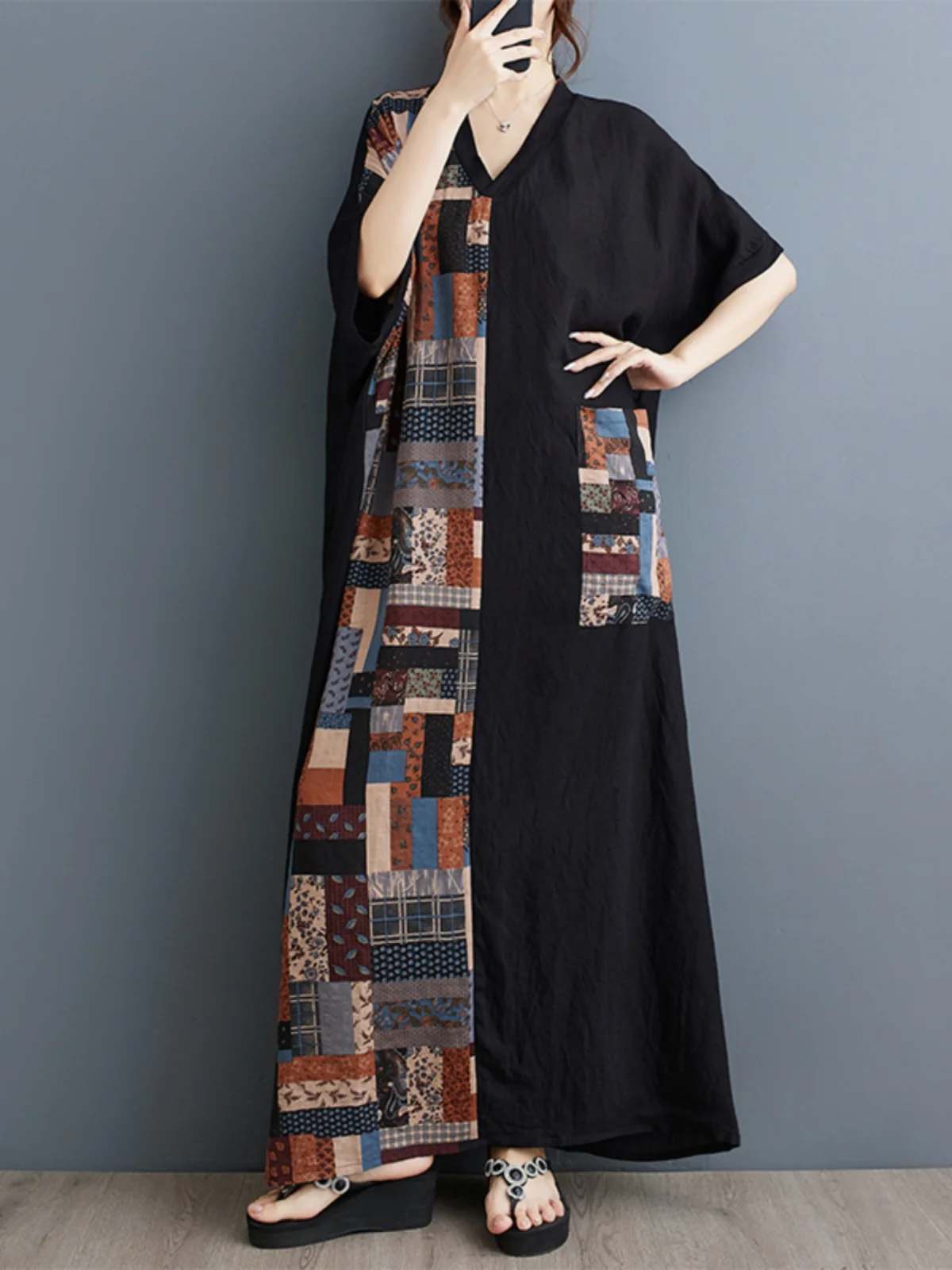 

Длинный хлопок и лен для похудения с принтом V-Ne ort Sve Color Blo Bla Maxi Dr Summer Loose Fit Batwing Sve Нерегулярный подол