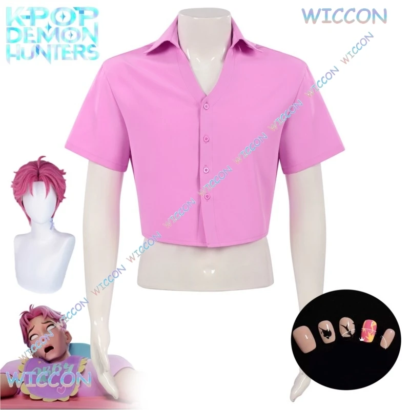 

YesOk/Kpop Demon Hunters Cosplay Saja Boy Abby Cosplay Costume Pink Shirt Abby Wig Adult Kids Shirt Male Halloween Roleplay