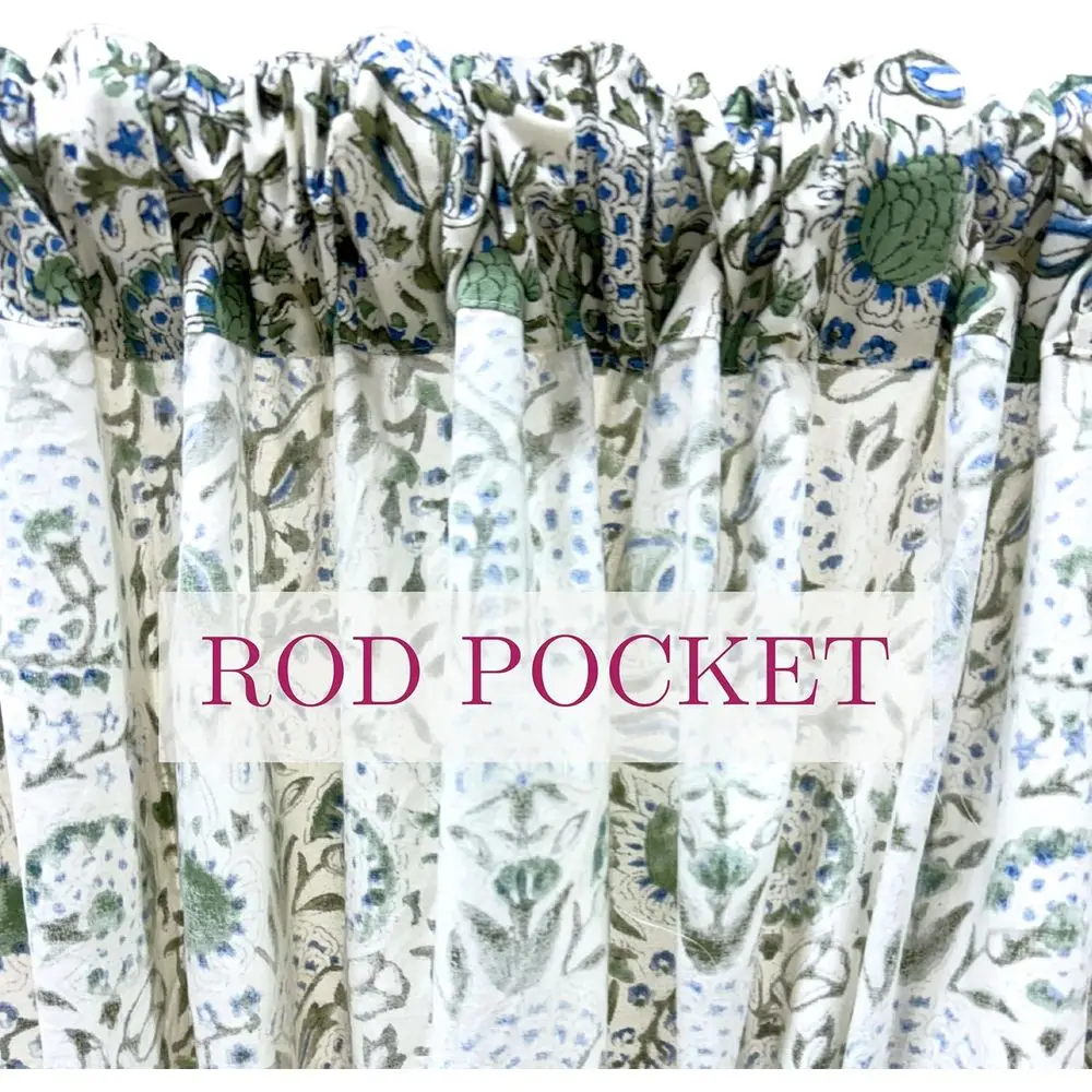 Cotton Block Print Curtains, Rod Pocket & Loop for Easy Hanging, Light Filtering, Boho Style, 60x96, Clover Blue, Set of 1