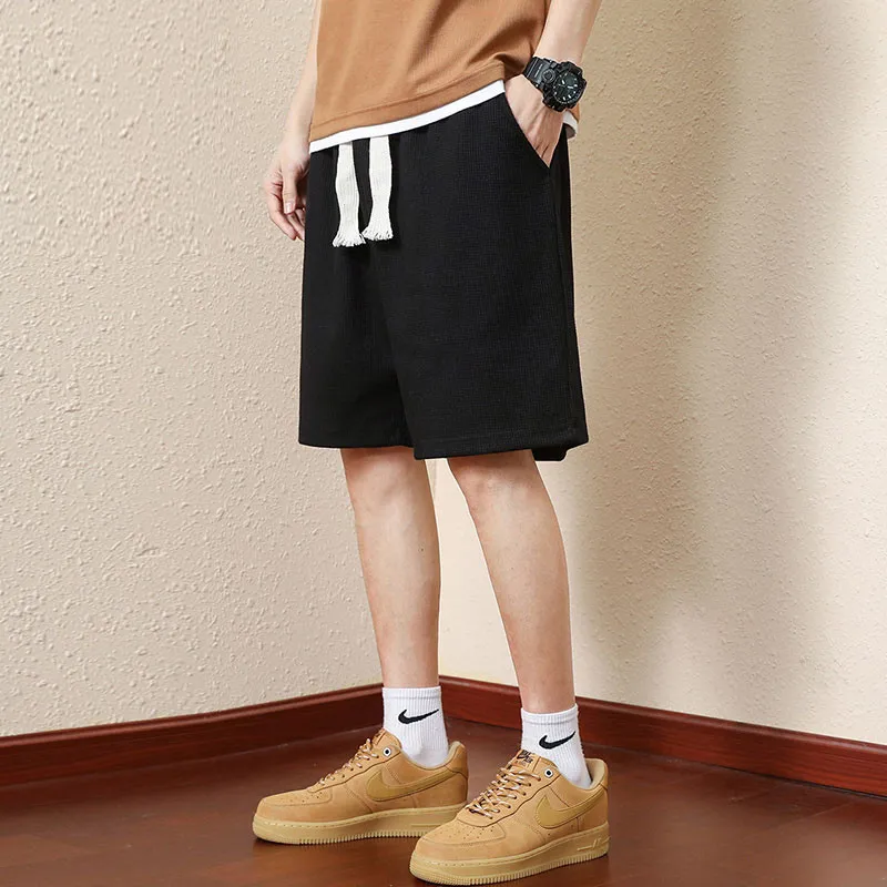 Waffle Shorts Men's Casual Shorts Elastic Waist Mid Length Pants Mens Sportswear Basketball Gym Shorts Short Sweatpants
