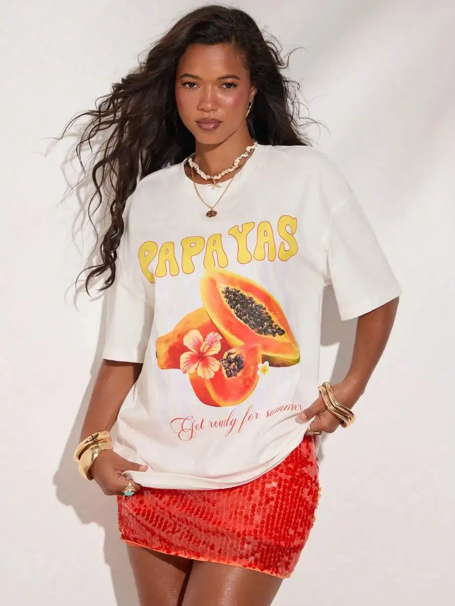 White Tropical Fruit Print T-Shirt,Oversized Graphic Tees Women,Summer Casual Streetwear Vacation Holiday Beach Wear, Papaya Graphic Tee Tops