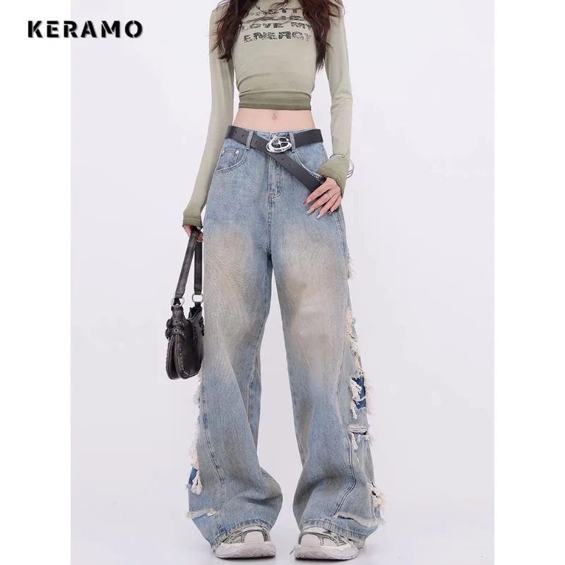 Vintage Ripped Harajuku Loose Fit Jeans Y2K Hollow Out Street Wide Leg Trashy Pants Women's Sexy Baggy Blue Denim Trouser