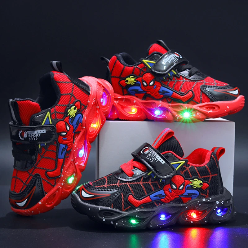 Disney Spiderman LED Casual Cartoon Sneakers for Boys Mesh Outdoor Shoes Children Cute Lighted Non-slip Shoes Size 21-30