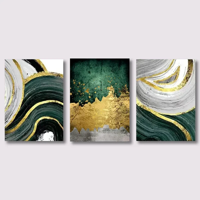 Multi-size 3PCS frameless high-definition decorative paintings,3PCS Dark Green Gold Foil Abstract Canvas Wall Art, Wave Texture