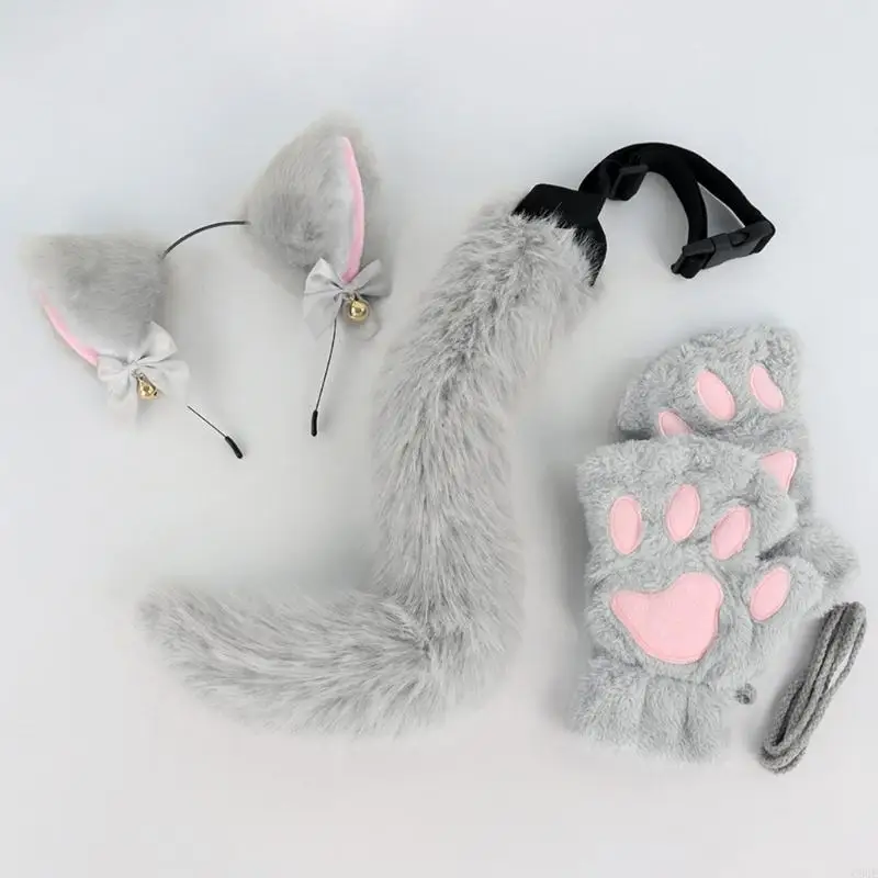 C9GE 3Pcs Halloween Cats Costume Accessories Cats Dress up Costume Headband, Tail, Gloves for Girl Cosplay Halloween