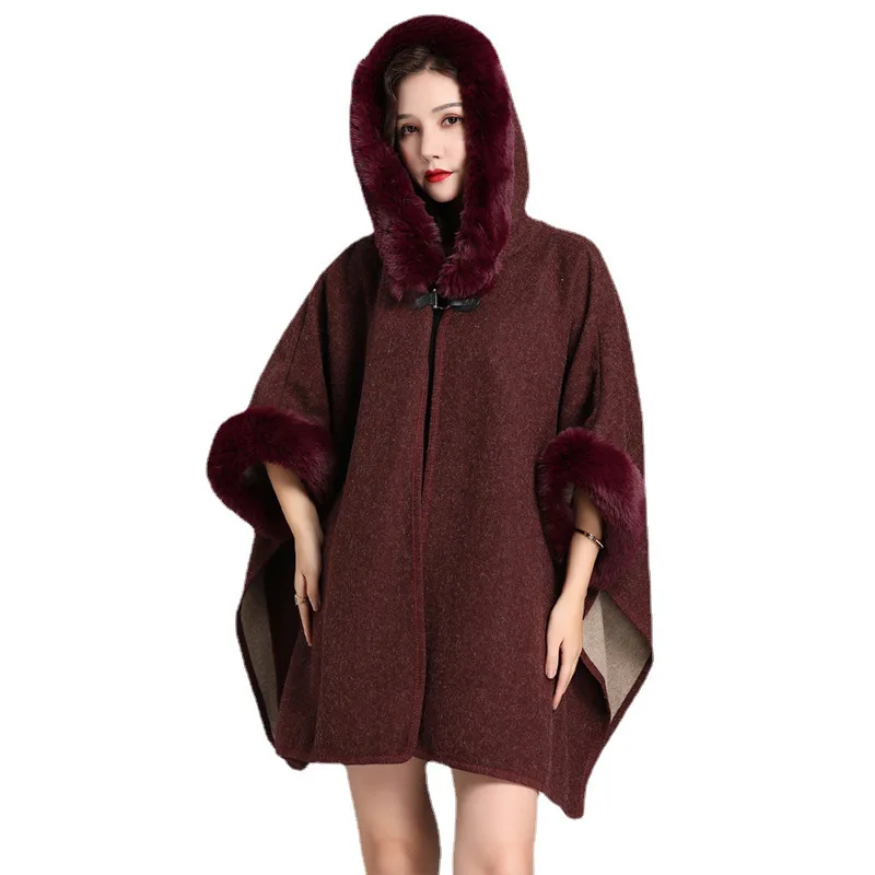 

Imitation Rex Rabbit fur collar hooded large shawl cape women's knitted cardigan thick loose medium and long fur coat women's