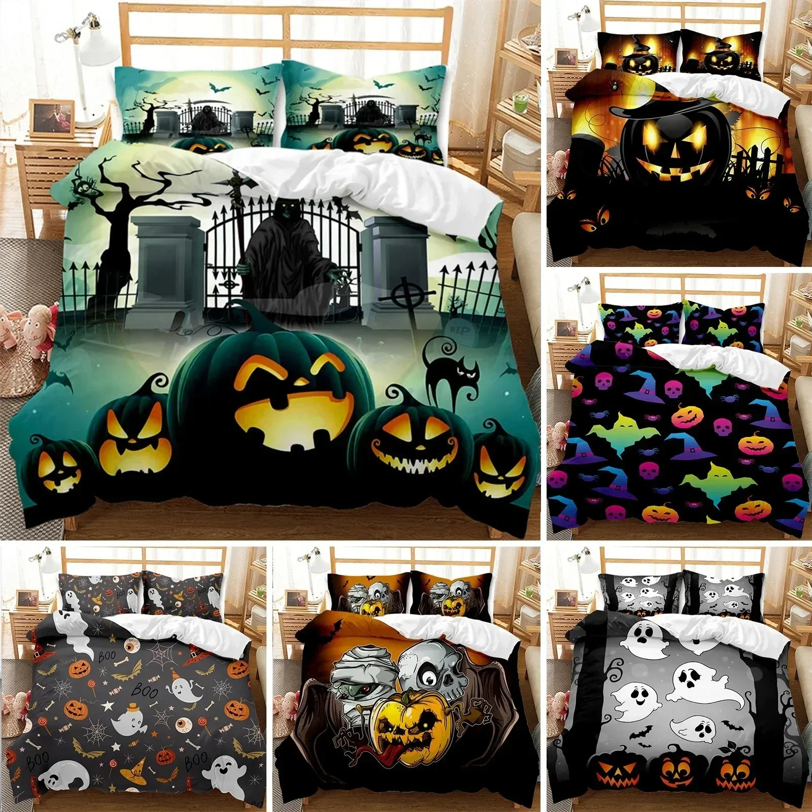 

Cartoon Pumpkin Duvet Cover Gothic Halloween Skull Bedding Set Polyester Lantern Ghost Comforter Cover King For Boys Girls Decor
