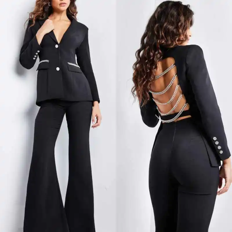 

Elegant Crystals Suits For Women V Neck Single Breasted Jacket Blazers Long Sleeve Office Ladies Work Customized 2 Pieces Wear