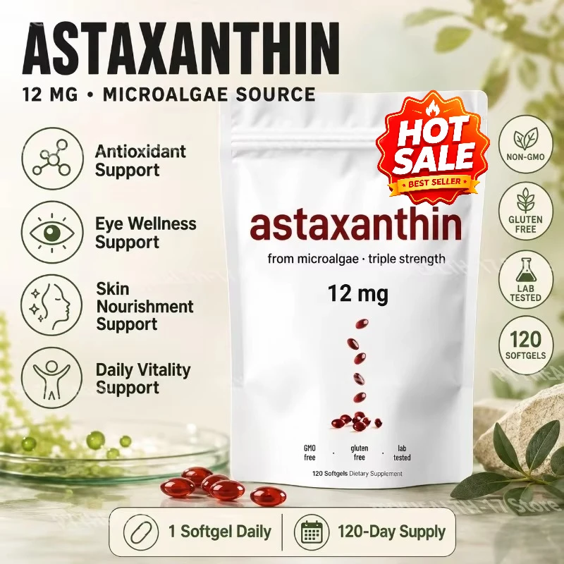 Astaxanthin 12 Mg Gelatin Softgels From Microalgae, Antioxidant Support, Gluten Free, GMO Free, Easy To Swallow, 120 Softgels