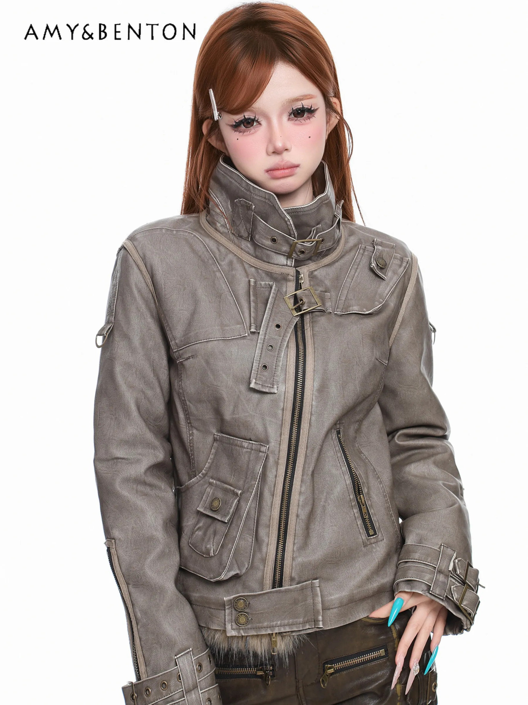 Spring and Autumn Punk Hot Girl Workwear Gray PU Leather Jacket Women's Motorcycle Style Short Black Coat Slim Leather Shorts