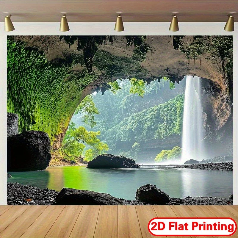Hidden Cave Waterfall Green Forest River Rocks 2D Flat Tapestry Backdrop For Living Room Decor Nature Landscape Wall Hanging Art