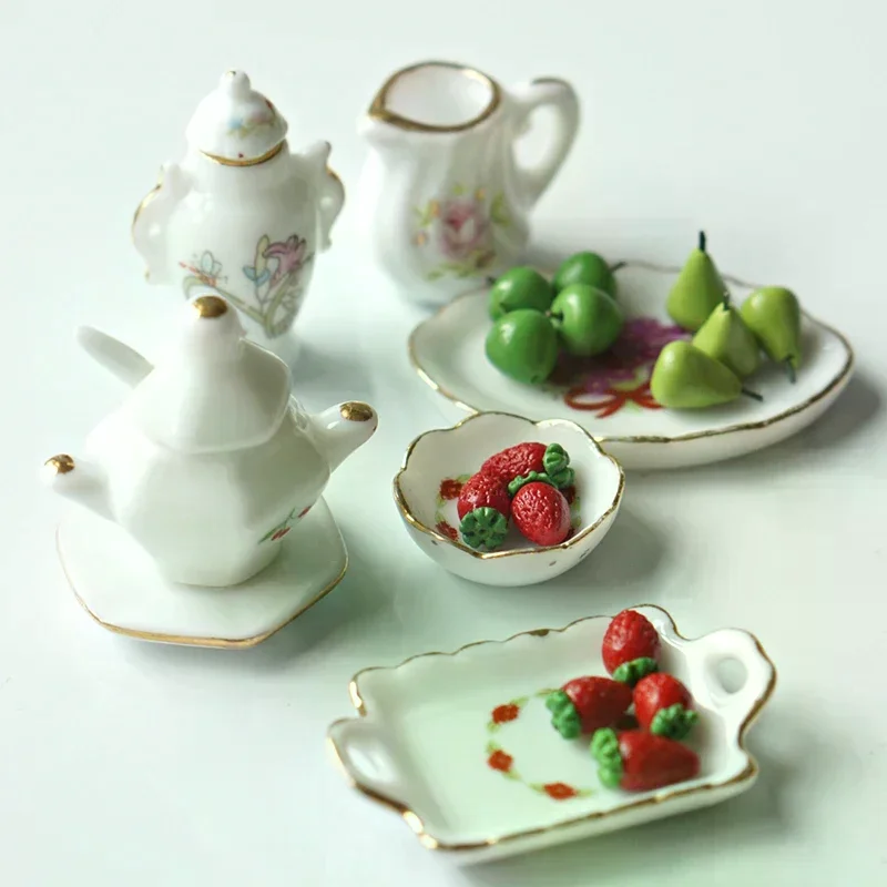 1/12 Poppenhuis Miniatuur Keramische Thee Kit Simulatie Ketel Plaat Model Keuken Accessoires Voor Poppenhuis Decoratie Speelgoed