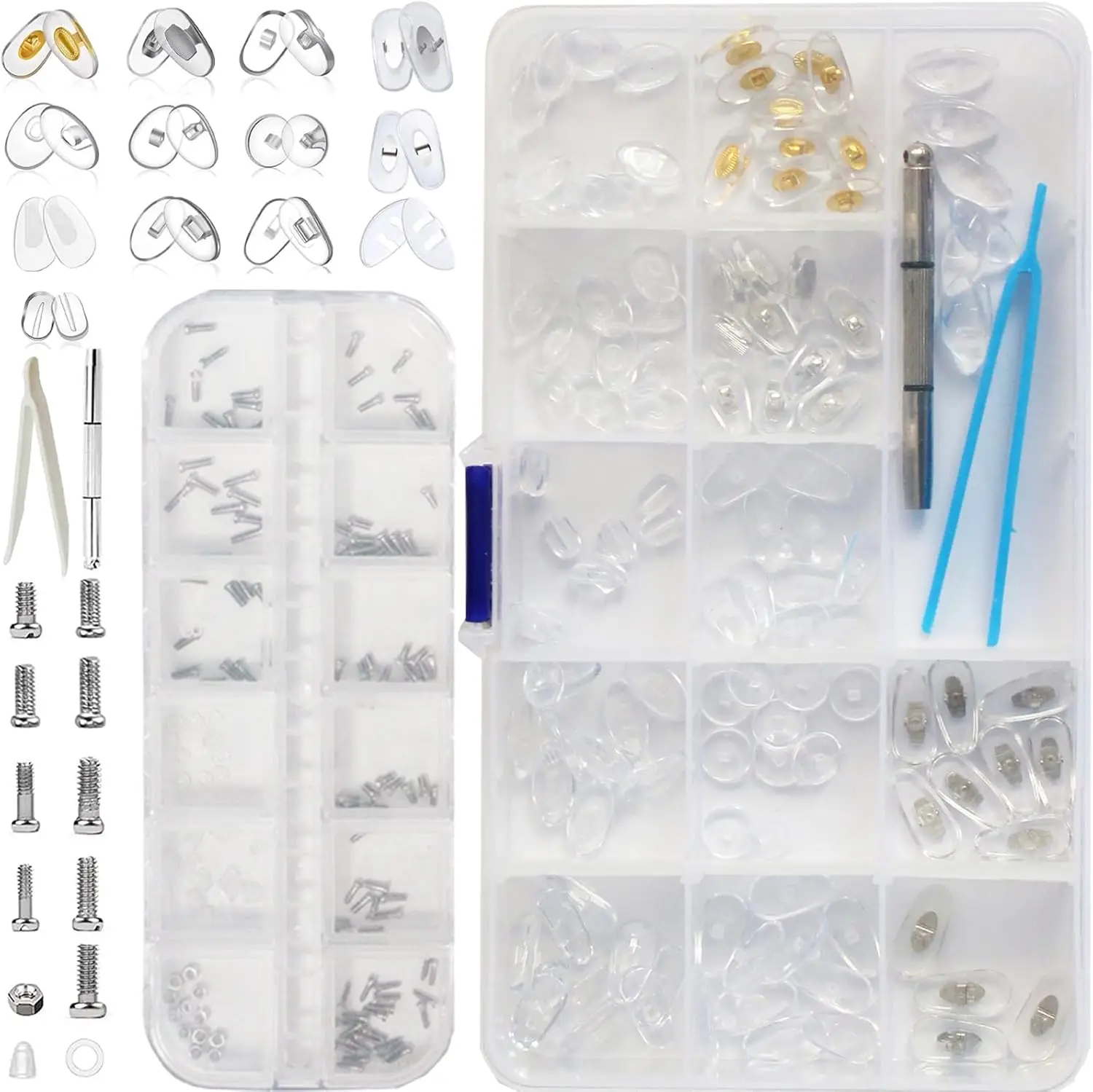 Eyeglass Repair Kit: 100 Nose Pads, Screws, 3-in-1 Keychain Screwdriver, Tweezers - Compact Glasses Repair Tool for Sunglasses, Watches, Jewelry