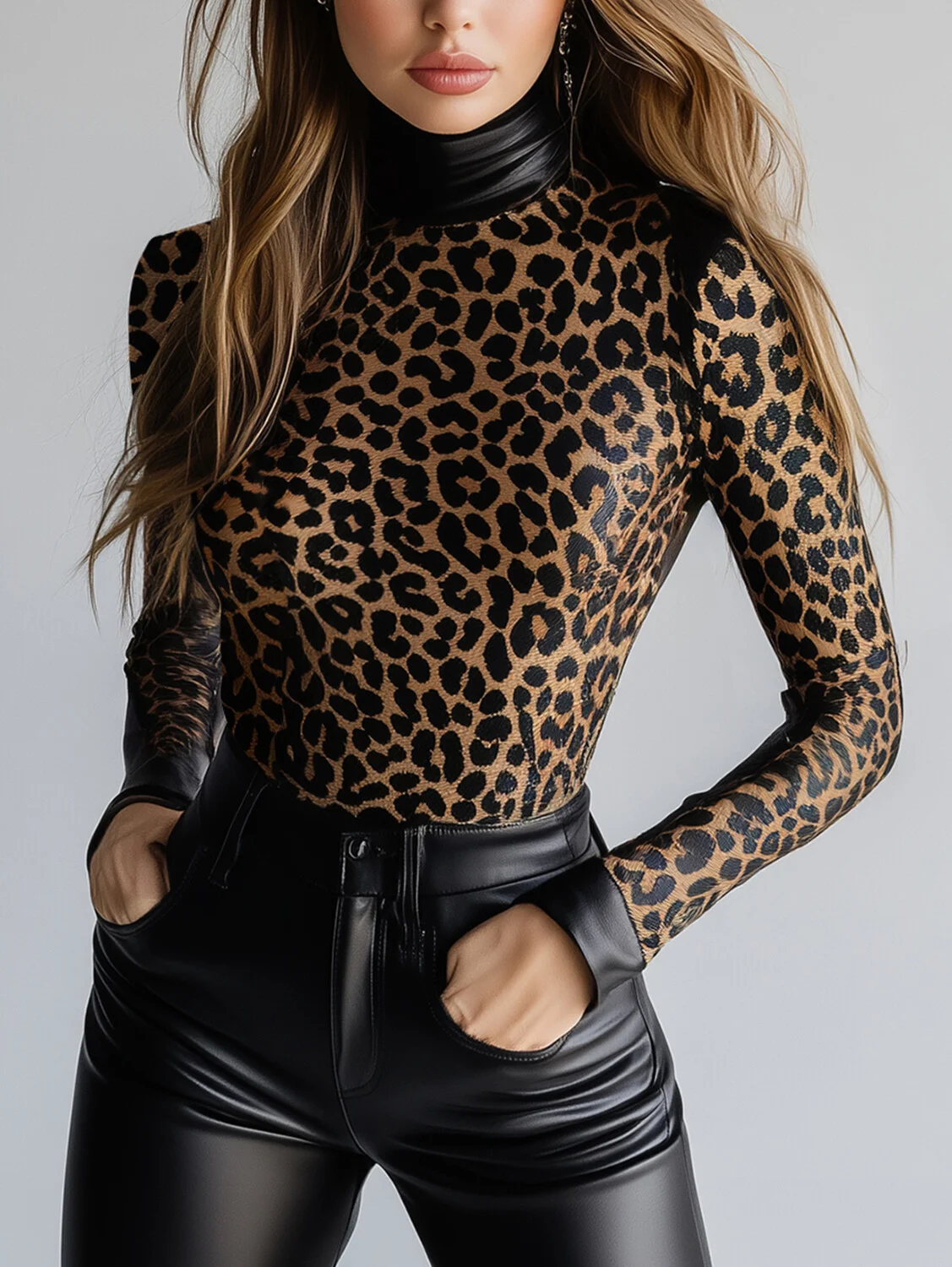 

Women PU Leather Leopard Pattern High Neck Long Sleeve Blouse Slim Fit PU Clothes Leather T Shirt High Street Streetwear