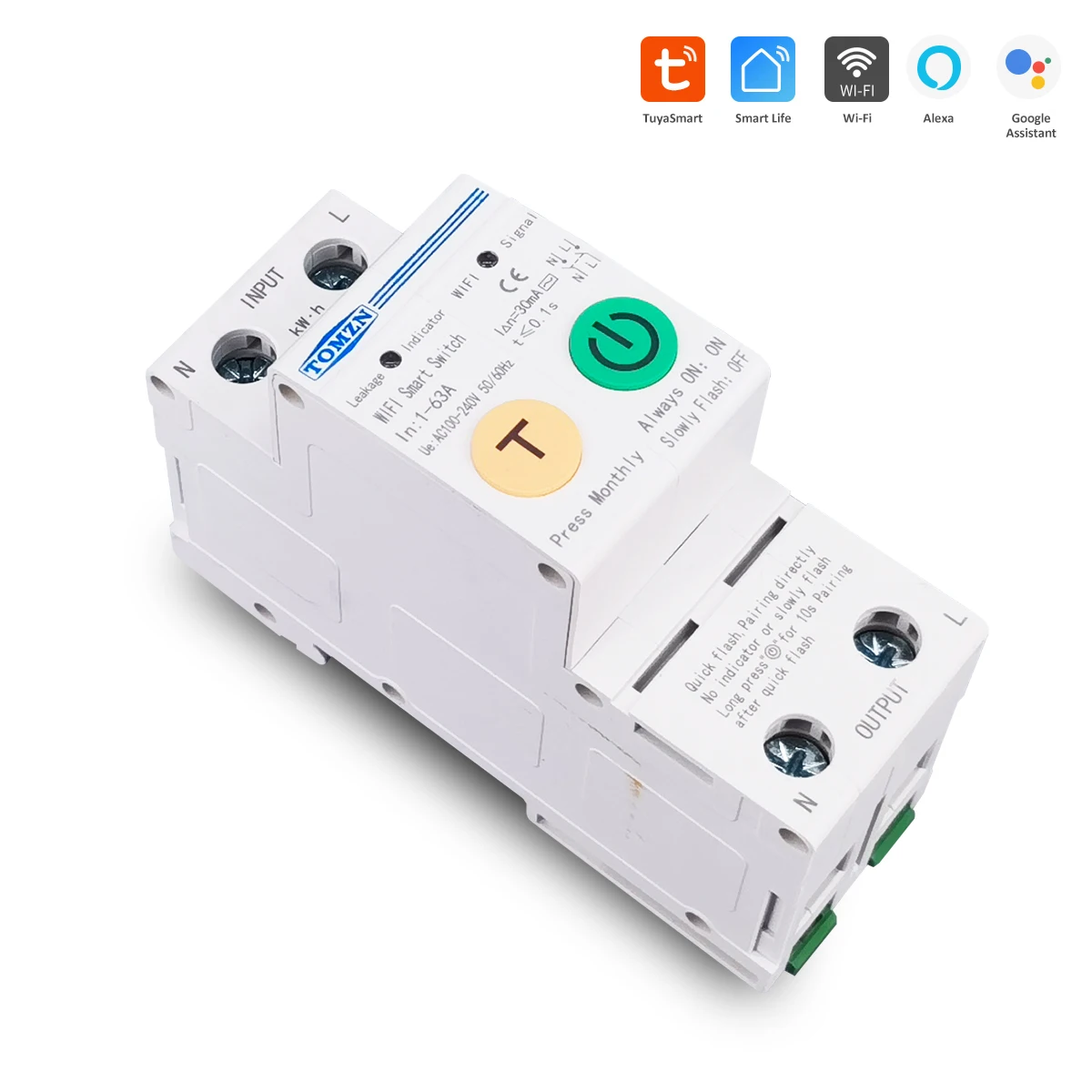 TOMZN 63A smartlife 2P WIFI Smart Switch Energy Meter Kwh Metering Monitoring Circuit Breaker Timer Relay MCB TUYA