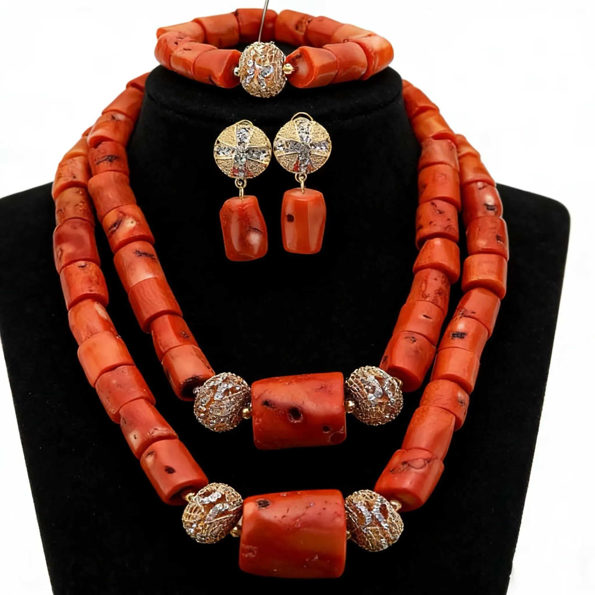 

Африканские коралловые бусины, 4 шт., комплект украшений для женщин, свадебное ожерелье, серьги, кольцо, браслет, традиционный этнический подарок