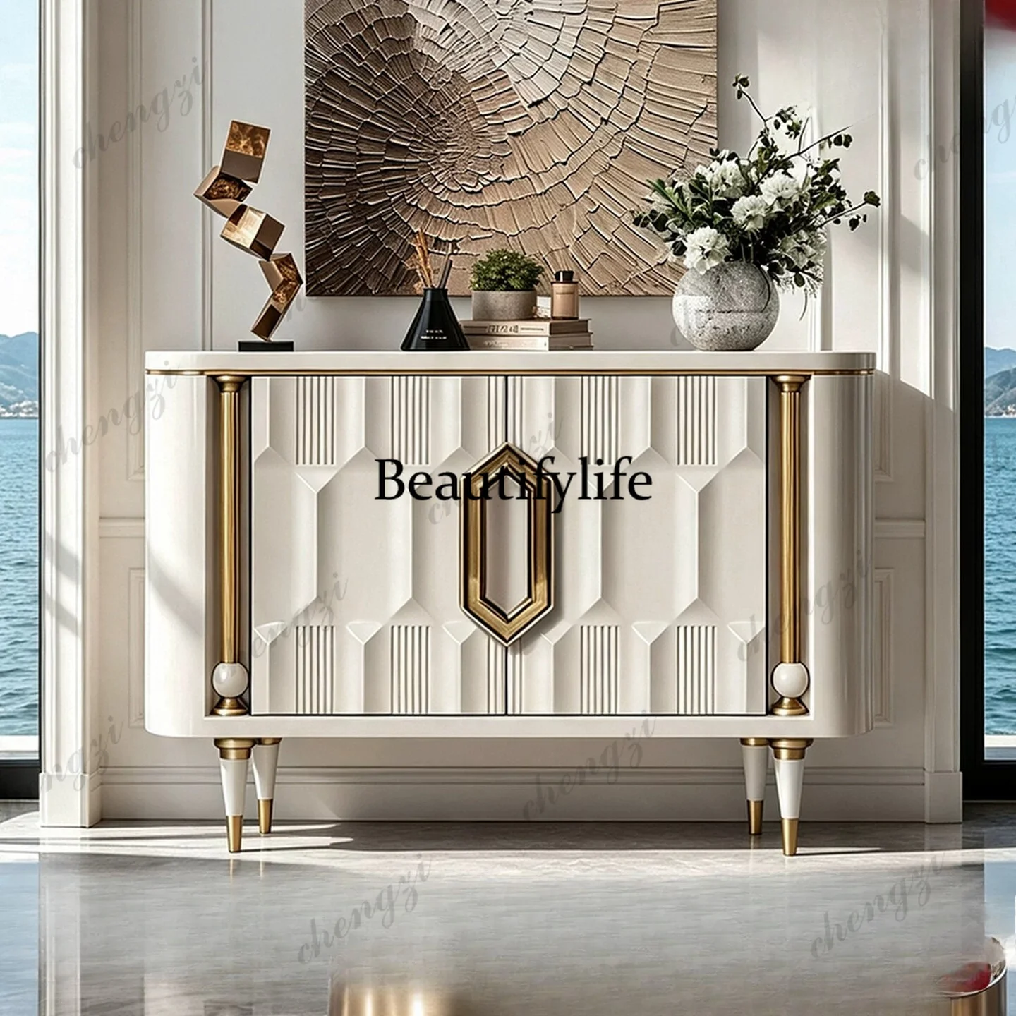 French light luxury paint porch cabinet storage decoration modern household gold-painted edge cabinet