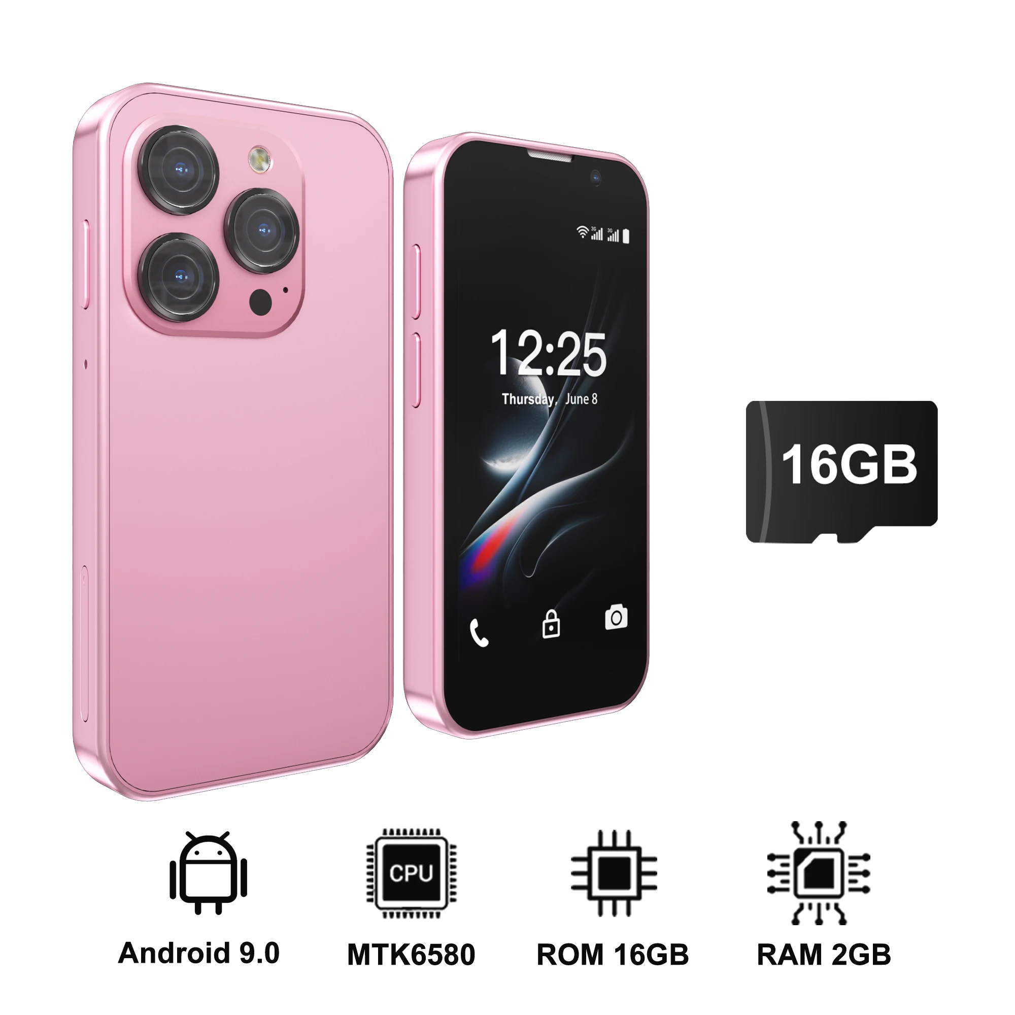 SERVO 3G Super Mini Smartphone Android 9.0 OS 2GB+16GB Gezichtsontgrendeling Play Store WiFi Hotspot 2 SIM Standby 3.0" Kleine Smartphones