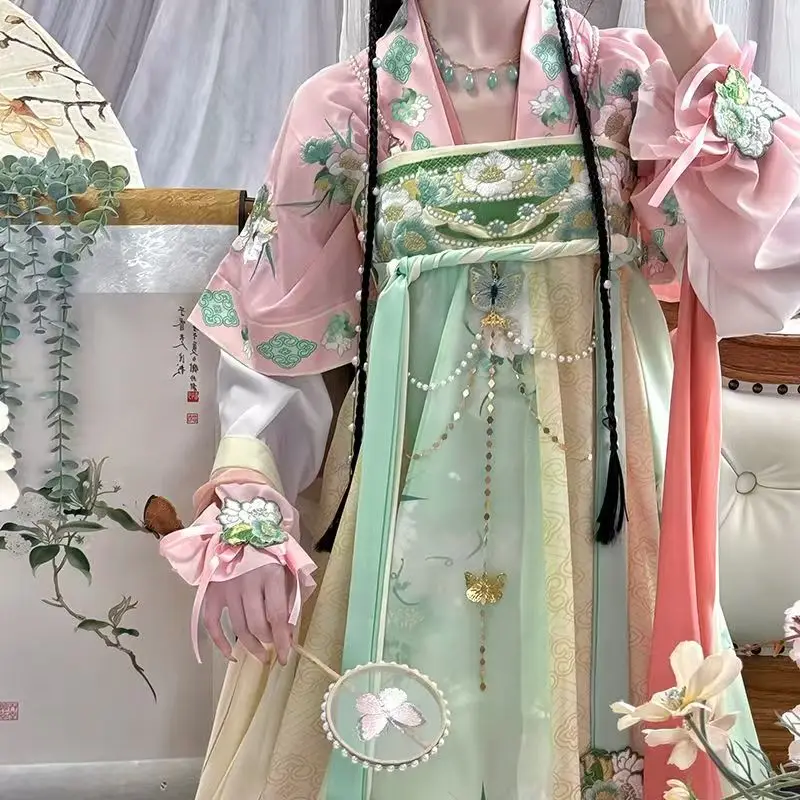 

Китайское традиционное платье ханьфу, древний стиль, платье принцессы с цветочной вышивкой для женщин, элегантное пастельное платье в стиле династии Тан