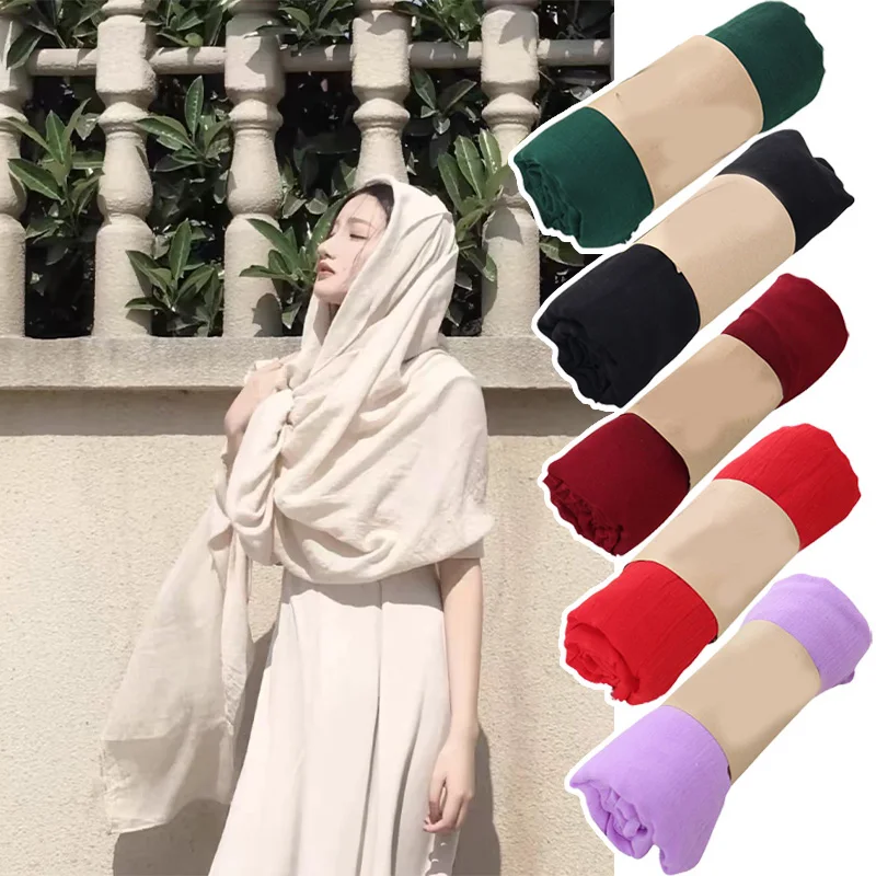 Fashion 17 Colors Long Scarf Wrap Soft Cotton Linen Scarves Women Muslim Crinkle Shawl Hijab Green Neckerchief Islamic Headscarf