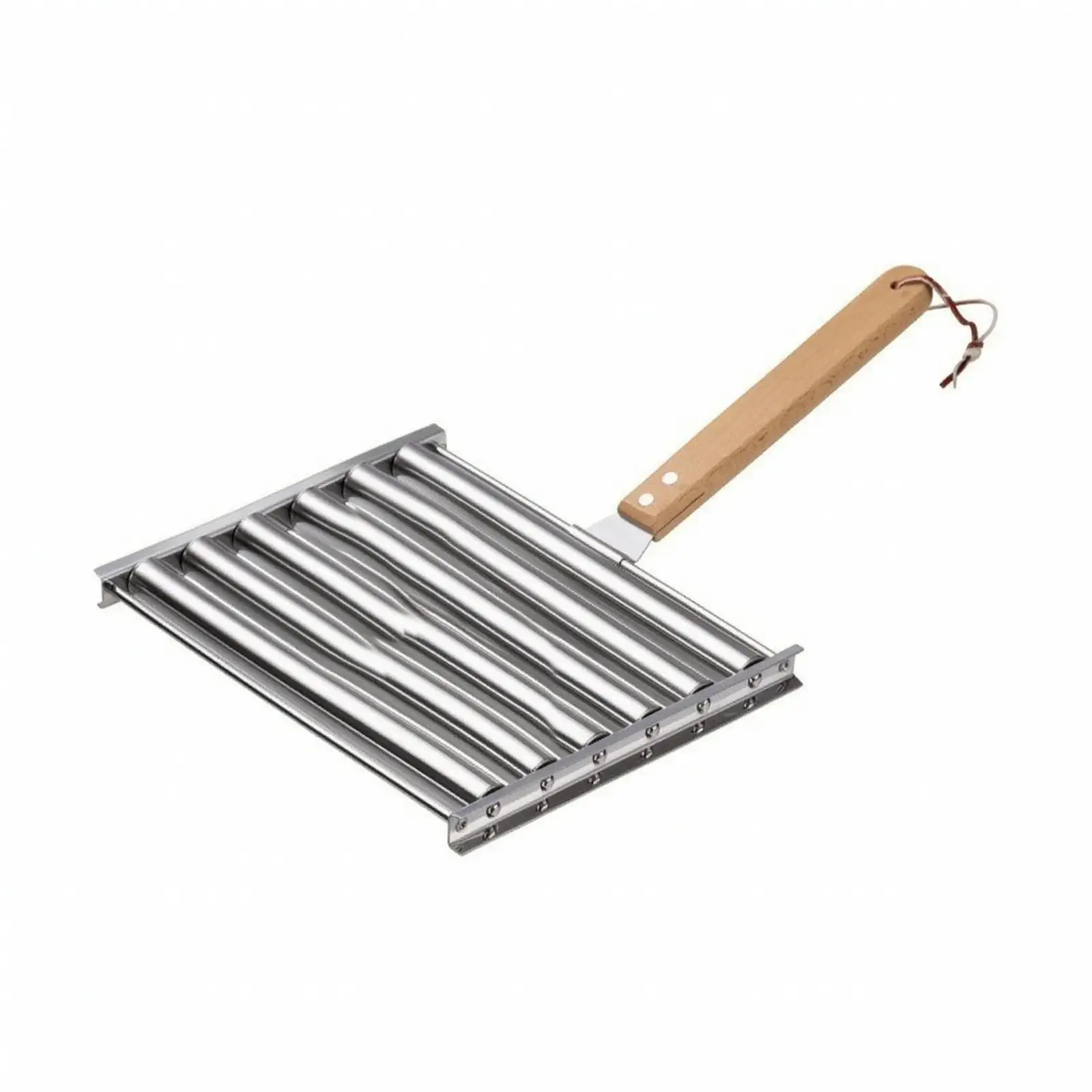 Sausage Grill Rack Stainless Steel with Wooden Handle Rotating Bratwurst Cooker for BBQ Hot Dog Grilling Outdoor Camping Tool