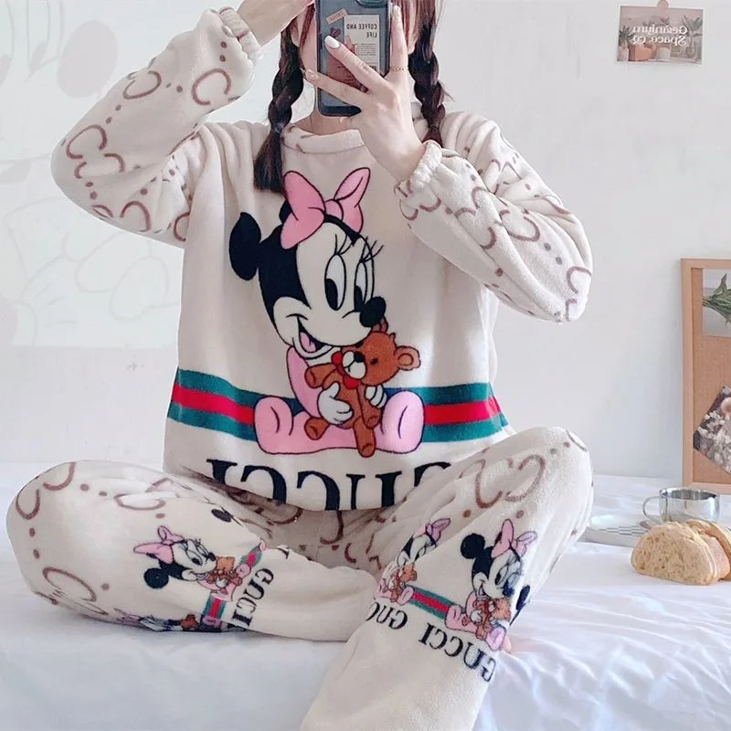 Disney Mickey Minnie Donald Duck Cinnamoroll Hello kitty cute creative cartoon soft and comfortable flannel home clothes set