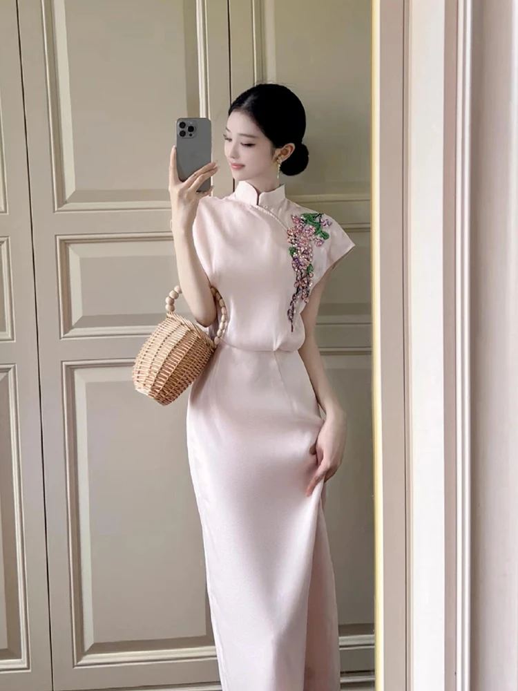 

Elegant New Chinese Style Women's Dress Embroidered Qipao Skirt Short Sleeve High Waist Polyester Fiber Spring Summer Autumn