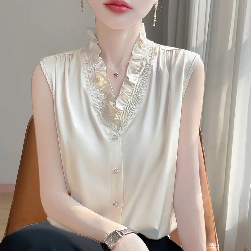 

Elegant V-Neck Button Ruffles Sleeveless Blouses Women Clothing 2025 Summer New Loose Solid Color Korean Tops Office Lady Shirts