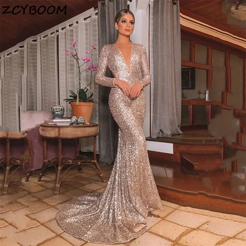 

Sexy Deep V-Neck Bling Backless Sequined Full Sleeves Mermaid Formal Evening Dresses Sweep Train 2024 Party Dress Prom Gowns