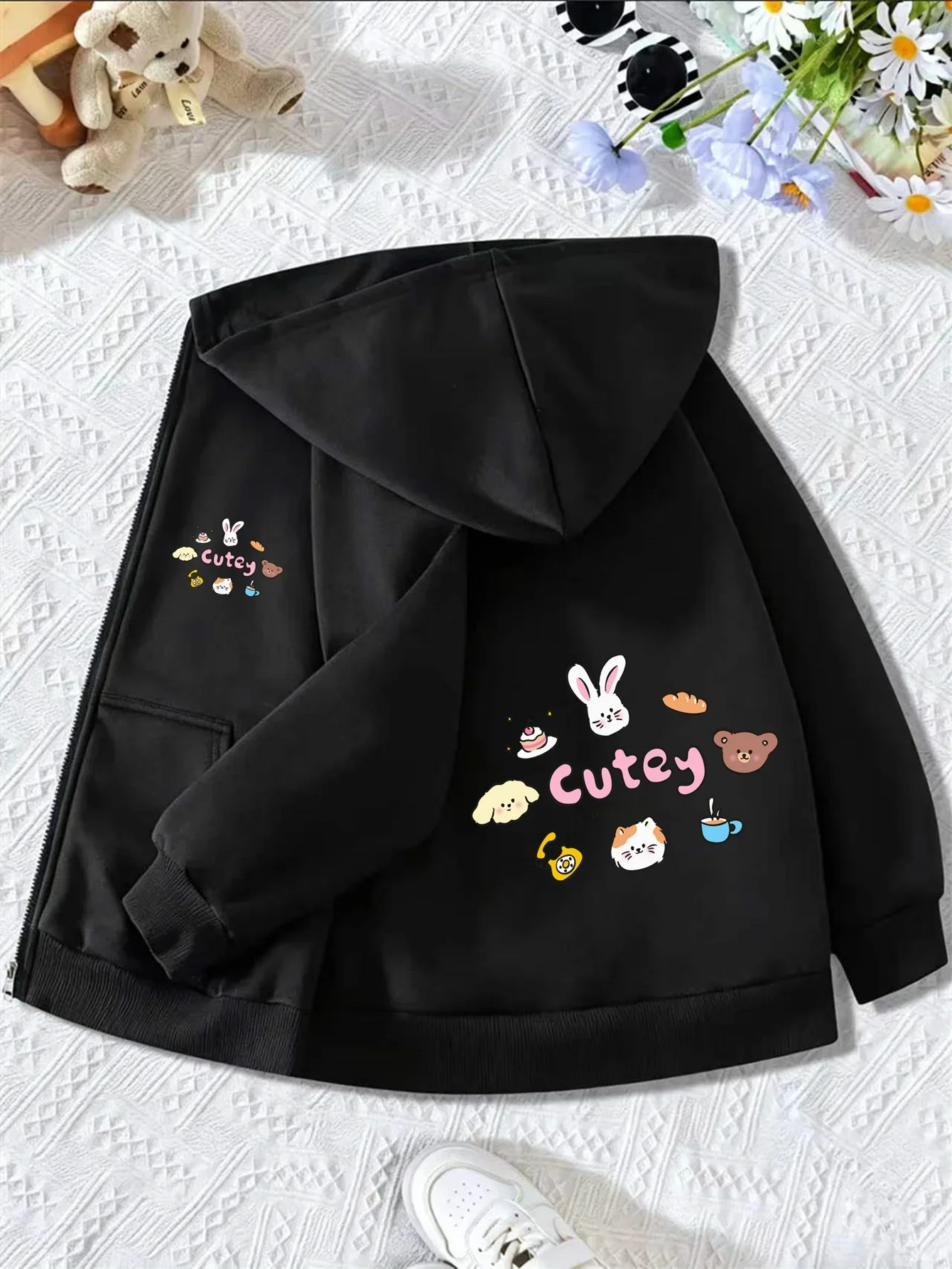 Girls Cutey Animal Friends Print Zip Up Hoodie Bunny Bear Cat Cartoon Graphic Kids Thin No Fleece Jacket