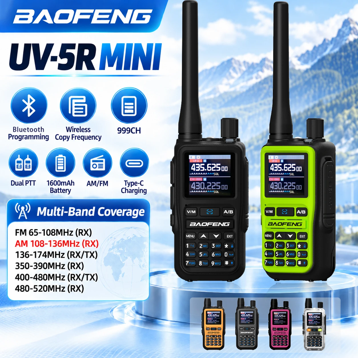UV-5R Mini Baofeng Walkie Talkie 5W Multi-Band Bluetooth Programming Dual PTT Wireless Copy Frequency Type-C Charging NOAA 999CH