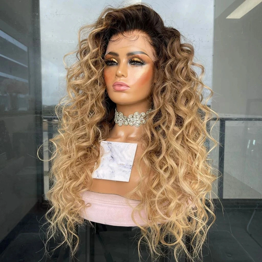 MXWIGS Highlights Curly  Honey Blonde Ombre Synthetic Hair Lace Front Wigs with Middle Part Hairline Long Wave Wigs Daily  Wigs