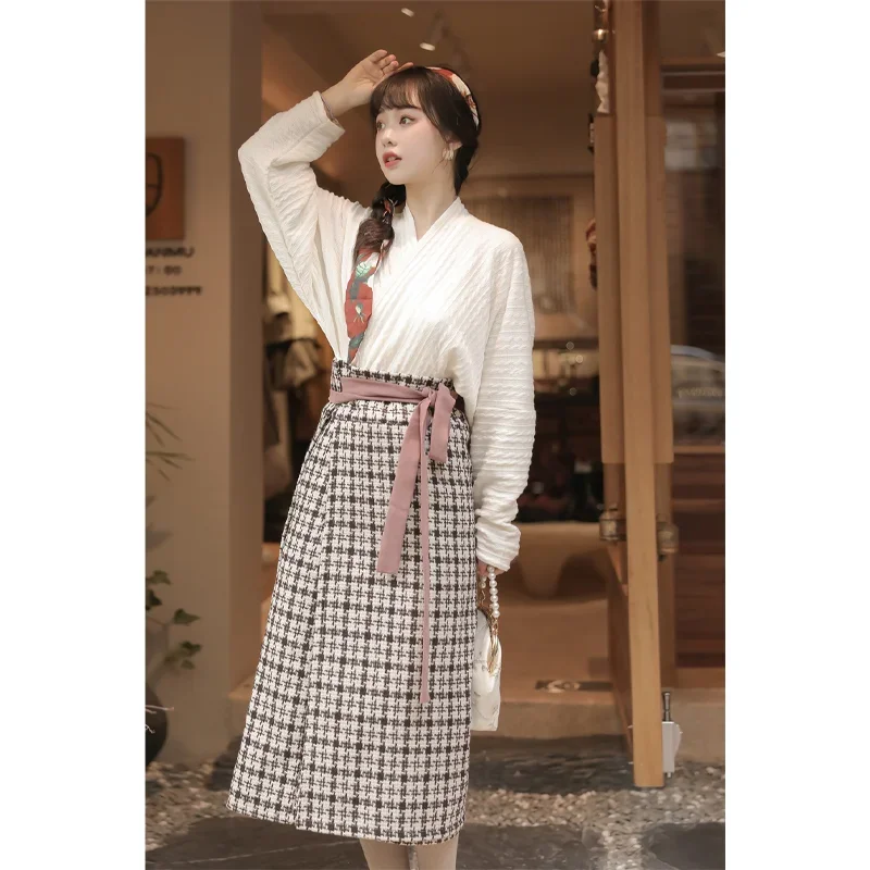 

3 Colors Original Chinese Style Hanfu Spiral Skirt Set Song Dynasty Big Sleeve Shirt Plaid Women Dress Winter Thicken Coat