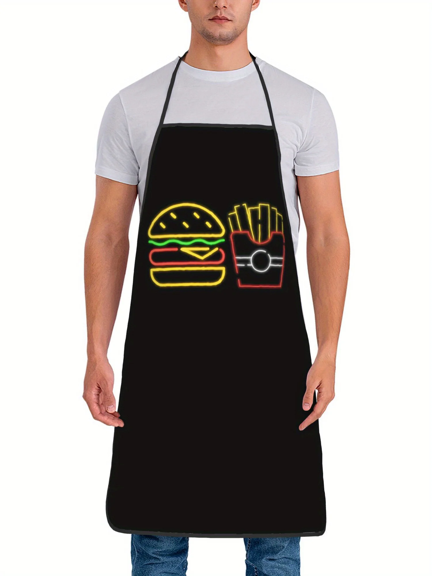 Neon Burger and Fries Printed Apron for Men and Women Fast Food Art Kitchen Cooking Apron