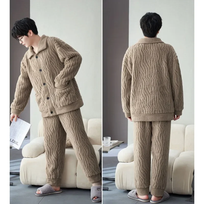 2024 New Pajamas Men's New Winter Thick Plush Flannel Loungewear Oversized Loose Fitting Homewear Warmth Two Piece Sleepwear