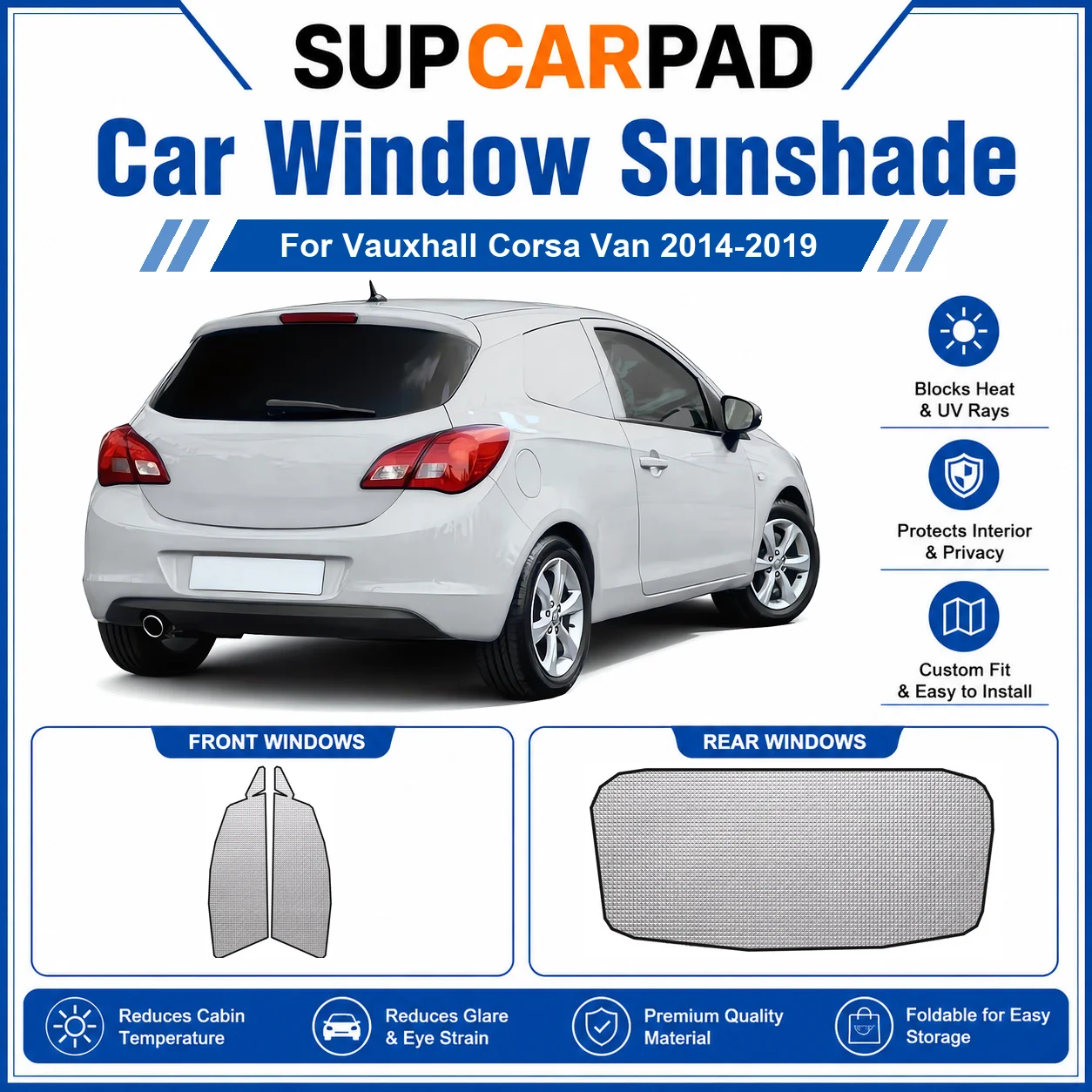 For Vauxhall - Vauxhall Corsa Van 2014-2019 Full Set Car Window Sunshades UV Block Privacy Heat Insulated Foldable Car Curtain