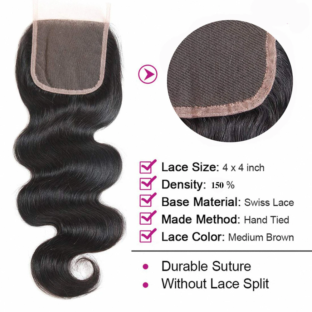 Cierre de onda corporal, 4x4 solo cabello humano brasileño, transparente, Frontal de encaje con cabello de bebé, rayita Natural, venta al por mayor