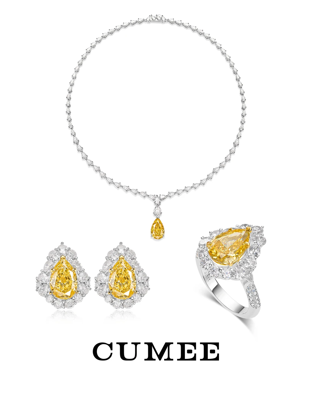 

Cumee Water Droplet Artificial Yellow Lab Grown Gemstone Earring Ring Necklace for Women 925 Silver Gold Plated