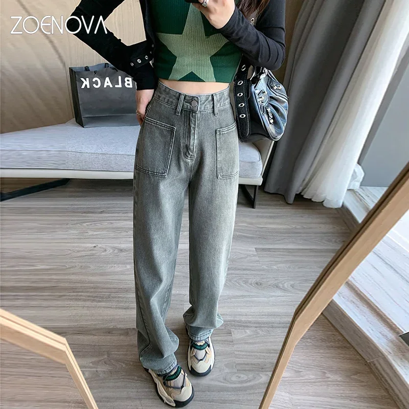 

ZOENOVA Autumn American Retro New Women's Wide Leg Pants Street Fashion Y2K Nostalgia Trousers High Waist Straight Cargo Pant