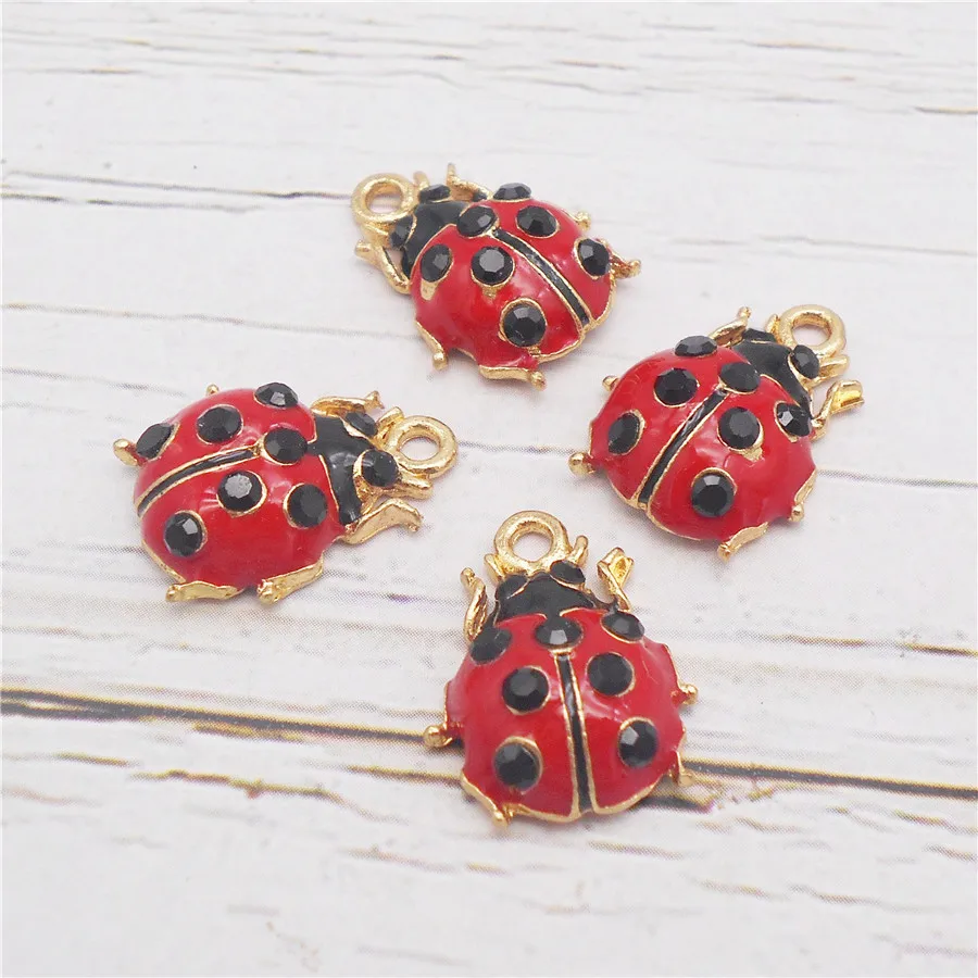 Julie Wang 6PCS Enamel Red Ladybug Charms Cartoon Alloy Animal Insect Pendant Bracelet Jewelry Making Accessory