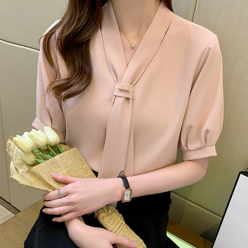 Chiffon Shirts for Women 2025 Summer Female Clothing Short Sleeved Blouse Fashion Bow Unique Women‘s Blouses White Shirt Women