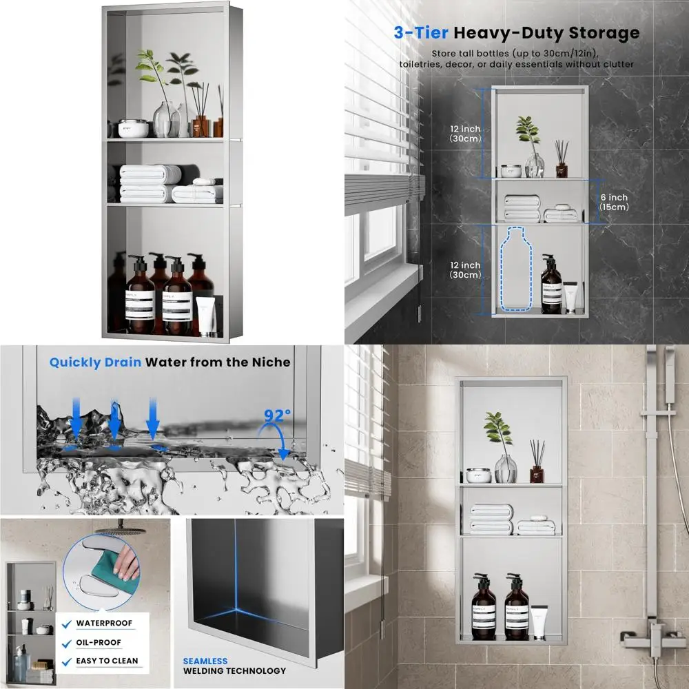 

Stainless Steel 3-Layer Recessed Shower Niche, 12x30, Brushed Nickel Finish - Waterproof, No Drilling Required for Tile-Free Bat