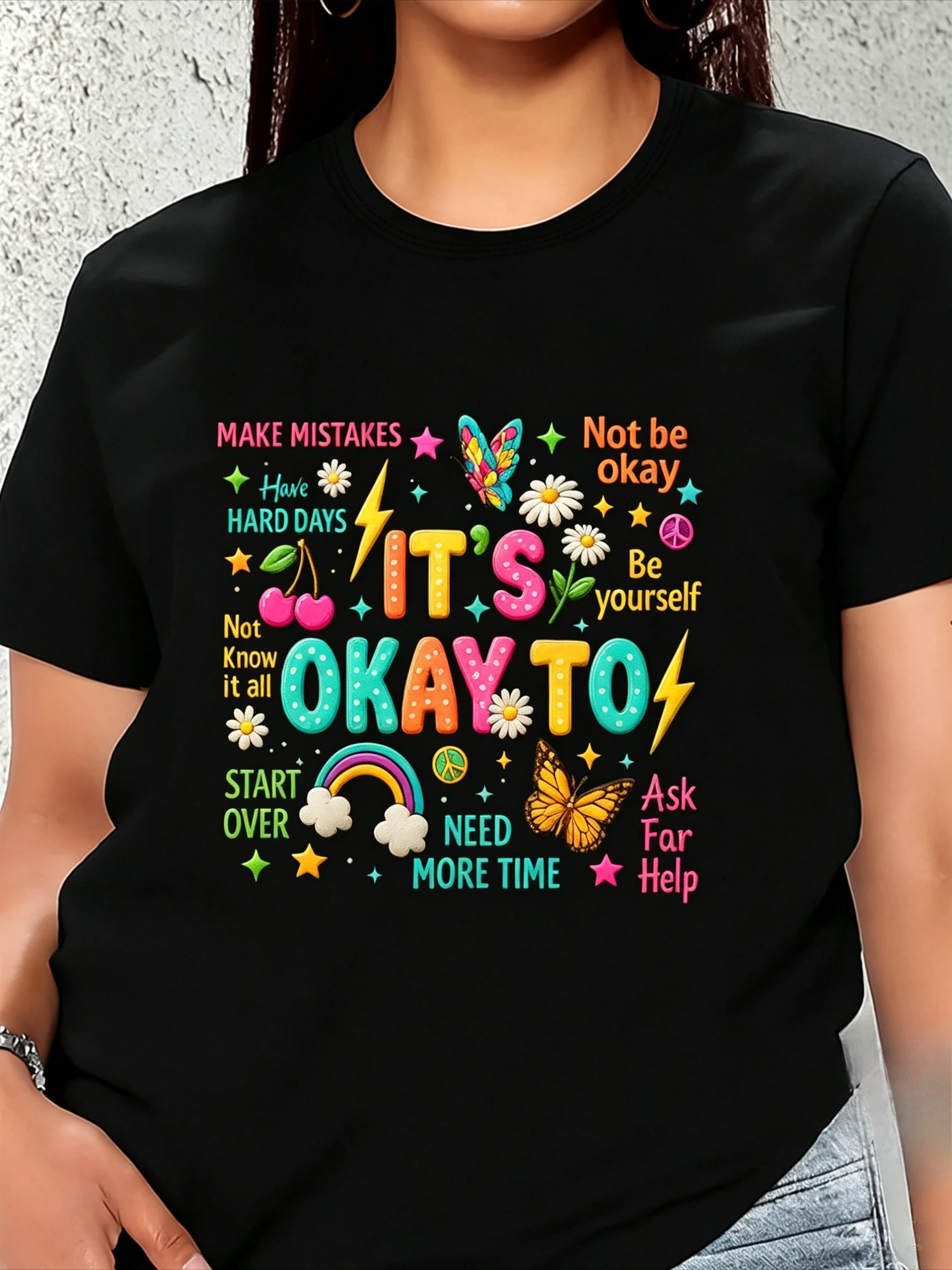 Motivational Quote T Shirt for Women Butterfly Rainbow Flower Inspirational Text Print Short Sleeve Casual Top Streetwear Daily