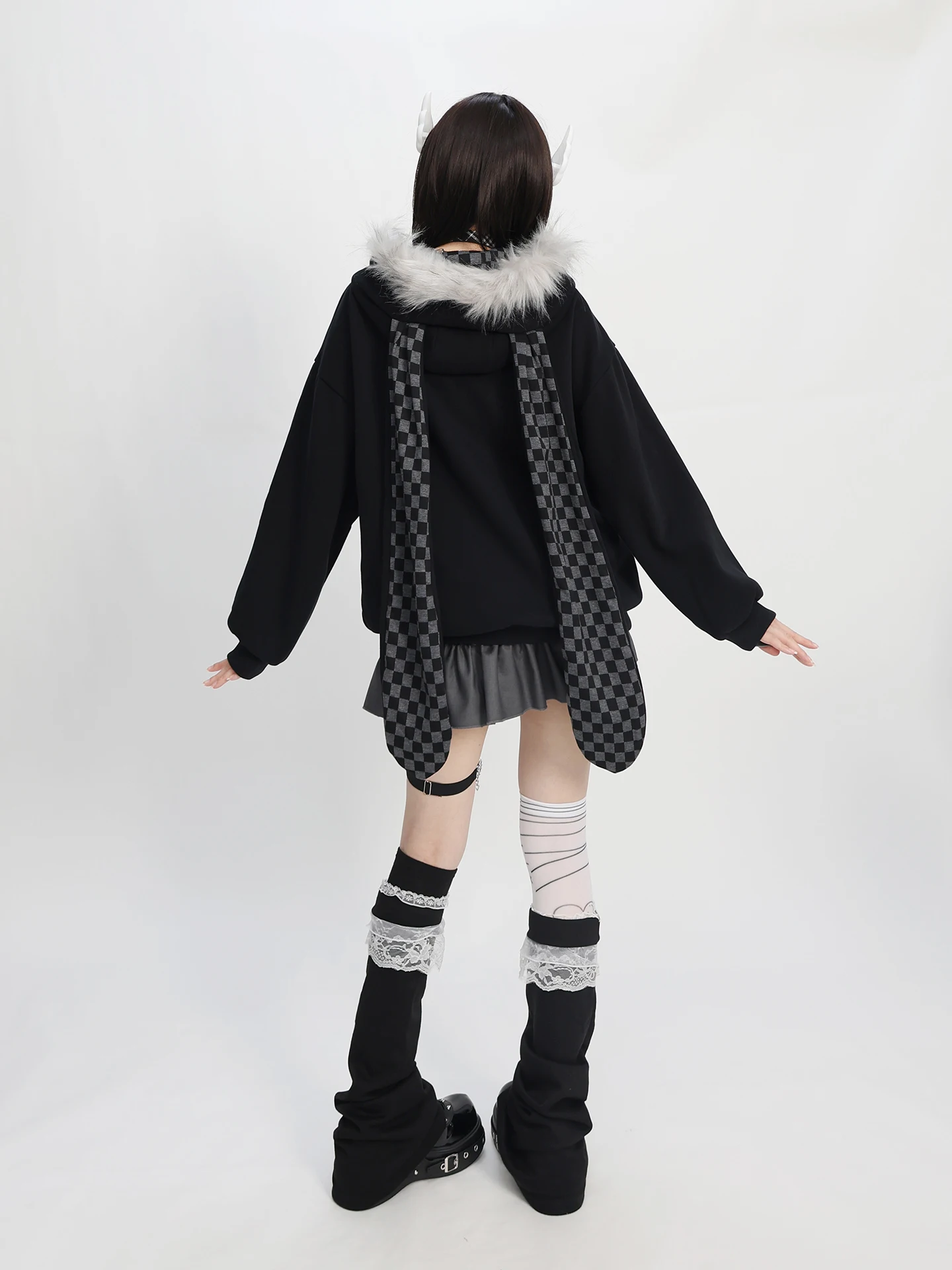Original Fashion Highstreet Sweet Cool Girl Hooded Tops Plaid Rabbit Ear Hooded Loose Casual Fleeced Sweatshirts Jackets Women