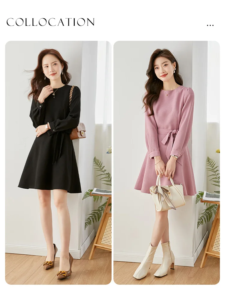 Vimly Vintage Pink Mini Dress for Women Spring 2023 New Korean Style Long Sleeve A Line Slim Belt Birthday Dresses Robe V7798