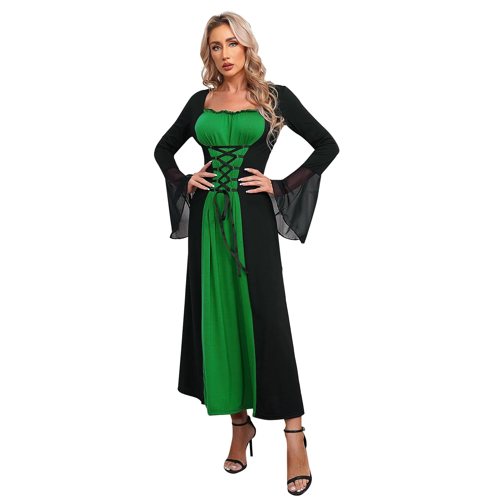 Frauen mittelalter liche Renaissance Kostüm Halloween Thema Party Cosplay viktoria nischen Vintage Retro Kleid Flare Ärmel Schnürung langes Kleid