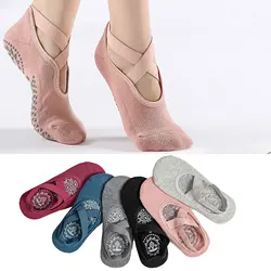 3 Pairs Bandage Yoga Socks For Women Pilates Ballet Dance Cotton Socks Non-Slip Sport Sock Gym Workout Slipper Running Grip Sock